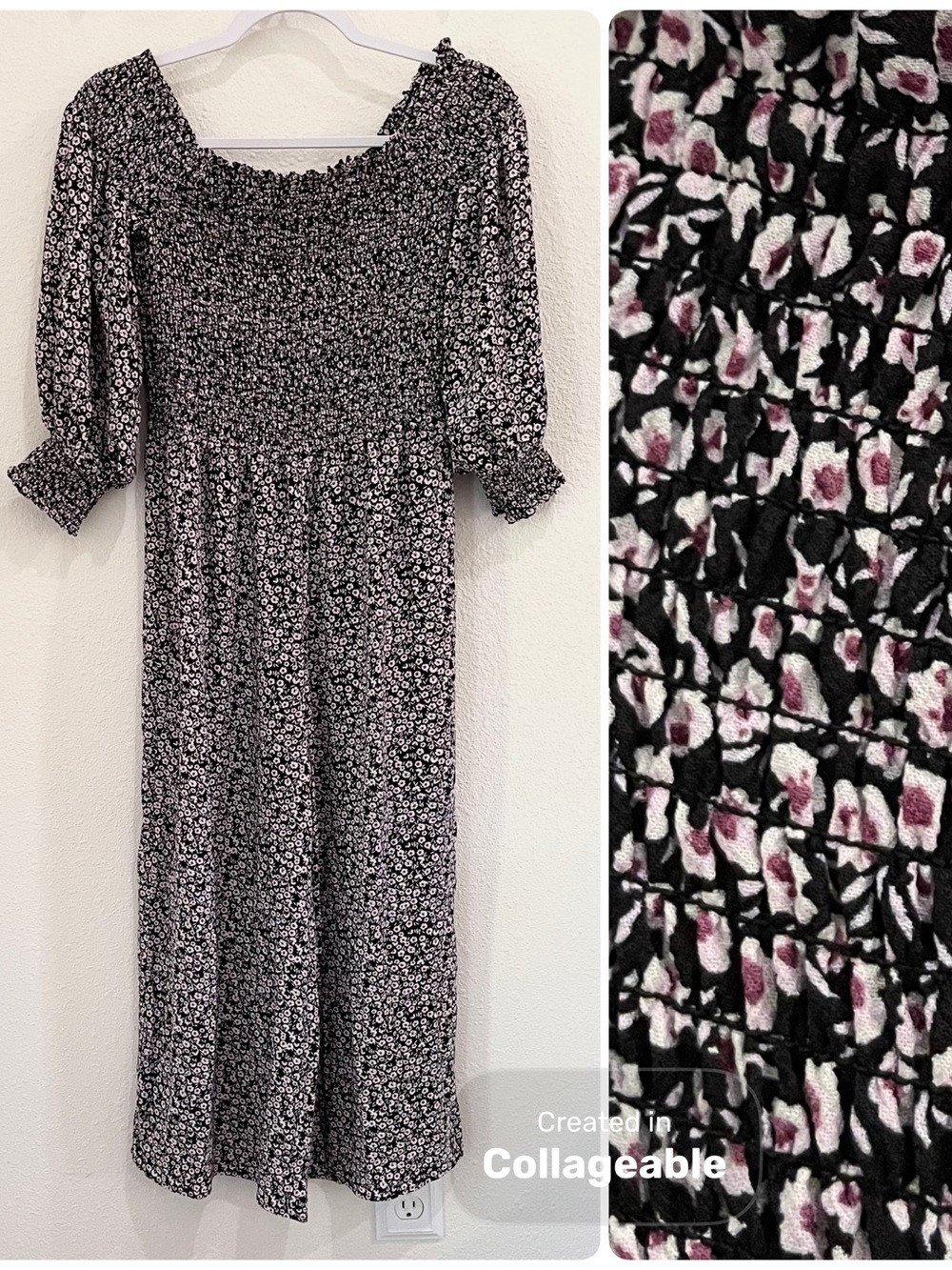 1. State Floral Smocked Jumper with Puff Sleeves and Pink Accents Stretch